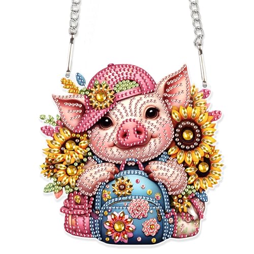 Image of AiYuanzsh 5D DIY Acrylic Special Shaped Diamond Painting Pendant Kit - Sunflower & Pig Design, Hanging Window Ornament for Home Decoration & Gifts