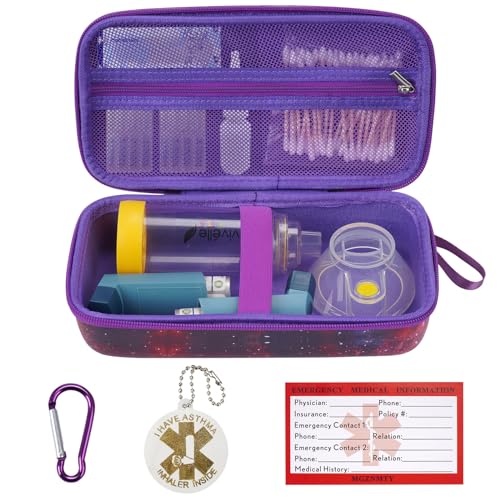 MGZNMTY Travel Carrying Case Compatible with Asthma Inhaler Spacer for Adults and Children Masks Inhaler Holder with Asthma Alert Tag and Medical Card Carabiner (Only Case) (Galaxy)