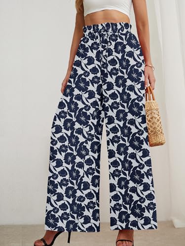 AusLook Women's Wide Leg Dress Pants with Pockets Peony Silhouett Small Lightweight Elastic High Waisted Adjustable Tie Knot Flowy Loose Slacks Lounge Casual Ladies Beach Pleated Trousers — view 2