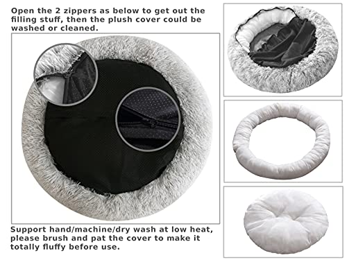 Comlax Beruhigende Donut Hundebetten XXXL, Rundes Kissen mit abnehmbarem waschbarem Bezug, Anti-Angst-Kunstfell-Kuscheltier, Flauschiges, bequemes, pelziges Haustierbett (115cm, Silber)