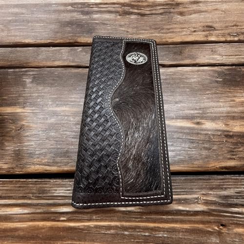 Men’s Long Leather Wallet – Basketweave Rodeo Bifold with Bull Rider Concho and Hair-On Cowhide Inlay – Cowboy Checkbook Wallet for Ranchers & Rodeo Fans2