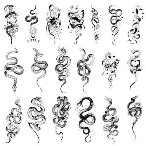 Qpout 19 Feuilles de Tatouages Temporaires Serpent Noir pour Adultes, Tatouages Fictifs Étanches Gothiques avec Papillon, Araignée, Rose, Cœur, Stickers Réalistes de Serpent Longue Durée