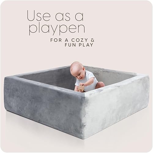Miniatura 4 de Milliard Corralito cuadrado de bolas de espuma de grado profesional, para bebés y niños pequeños, con cubierta de terciopelo gris lavable, 45 x 45 x