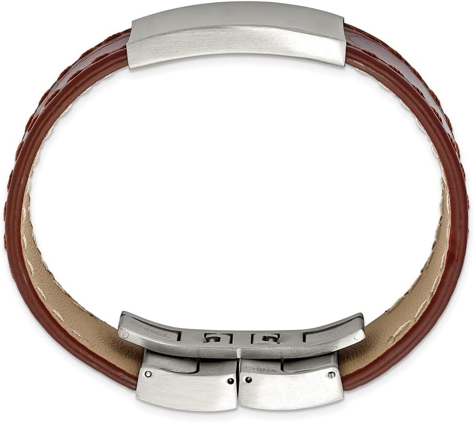 Polished Engravable Personalized Custom Stainless Steel Brushed Medium Brown Leather ID Bracelet For Men Length 8.5 inches Width 23.33 mm With Hidden Safety Clasp