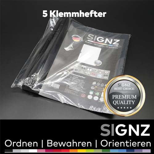 SIGNZ Klemmhefter DIN A4, 5 Stück, schwarz, Für bis zu 60 Blatt, CO2-neutral hergestellt, made in Germany