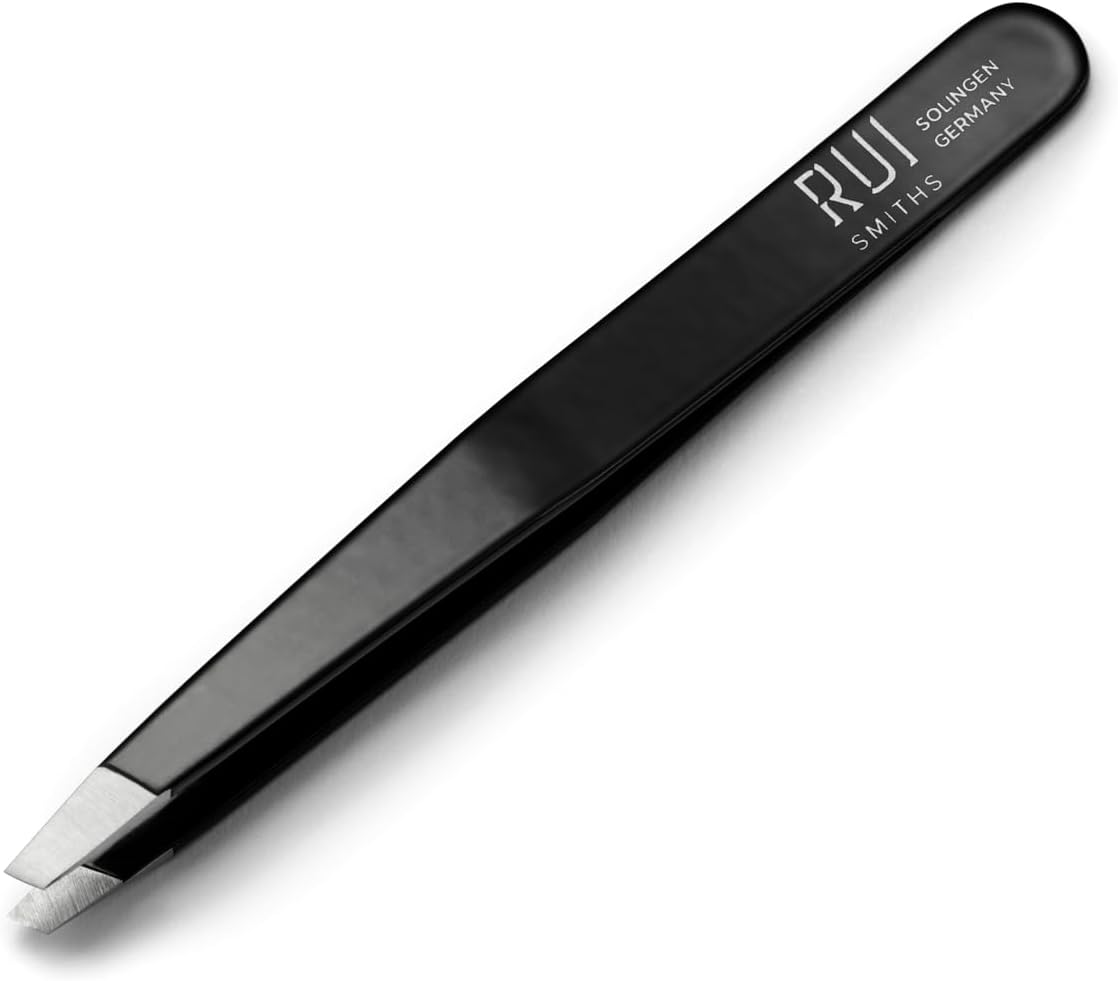 Rui Smiths Professional Slanted Tweezers | Precision German Stainless Steel Eyebrow Tweezers, Aligned Tips, Matte Black Finish