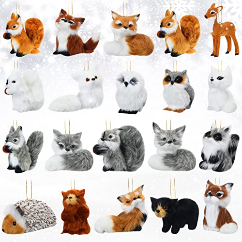 Aoriher HS-AORIHER-35689 20 Pcs Christmas Faux Fur Animal Ornaments Set Plush Woodland Ornaments Rustic Fall Animals Decorations Woodland Animals Decorative Hanging Ornaments