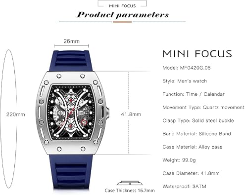 MF MINI FOCUS Watch for Men Wristwatch Fashion Hollow Big Dial Luminous Waterproof Sport Analog Quartz Business Mens Watches Blue Silicon Strap Dress Watch