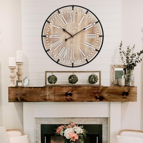 Image of EMAX HOME 20 Inch Large Farmhouse Wall Clock, Rustic Antique Wood with Metal Circle and Large Engraved Numerals, Silent Battery Operated Wall Clock for Office Kitchen Bedroom Living Room