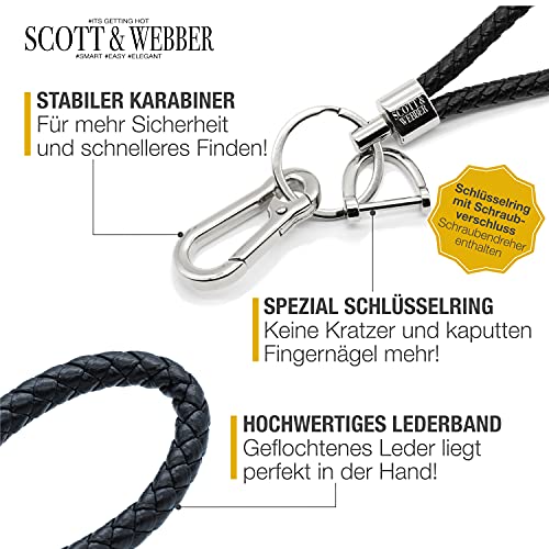 Scott & Webber® - Schlüsselanhänger aus geflochtenem Leder mit Edelstahl Schlüsselring, Karabiner und Schraubverschluss ideal für Autoschlüssel - für Männer und Frauen