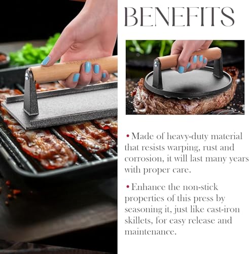 Image of Bellemain Heavy-Duty Cast Iron Grill Press Set - Perfect Smash Burger Press & Steak Tool with Ergonomic Wood Handle for Pro-Level Searing on Griddle, Skillet, or BBQ