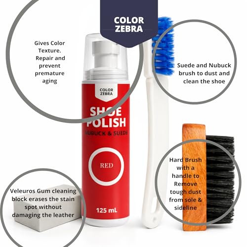 Image of Color Zebra Nubuck & Suede Shoe Polish and Shoe Care Kit | 125 ML Renovator with Handled Brush, Wooden Suede Brush & Cleaning Block