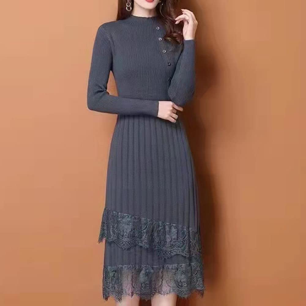 Jerseys Punto Mujer,Suéter De Punto De Cuello Alto Medio para Mujer Suéter con Dobladillo De Encaje Gris Suéter Elegante con Fondo De Primavera Suéter De Otoño Suéter Regalo De Moda para Novia