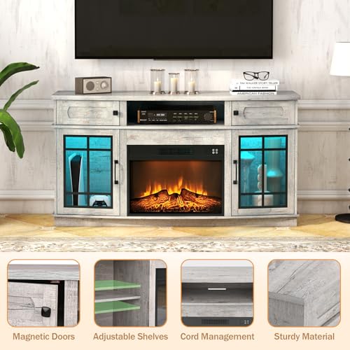 Livofloral Curved Fireplace TV Stand with LED Light for TVs Up to 65\", Entertainment Center with 23\" Electric Fireplace, TV Stand with Glass Door Storage Cabinets & Open Shelves for Living Room, Gray