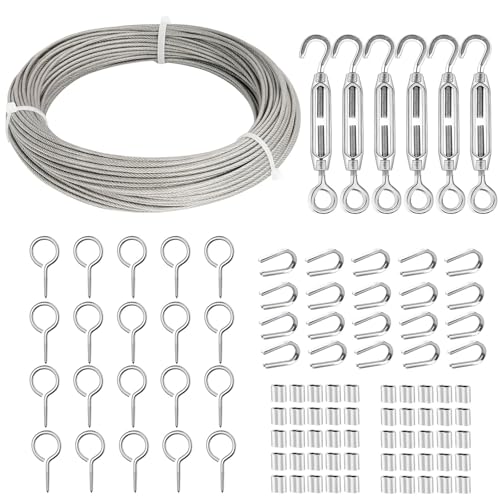 TooTaci 30M Garden Wire for Climbing Plants 2mm Wire Trellis Kit with 20pcs M3 Vine Eyes and 2mm PVC Coated Stainless Steel Rope Cable M4 Turnbuckle Hook & Eye for Curtain Wire Hanging Fence