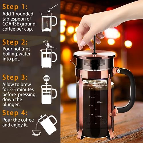 YMMIND French Press Coffee Maker 304 Stainless Steel Coffee Press,with 4 Filters System, Heat Resistant Thickness Borosilicate French Press Glass, BPA-Free Brewed Tea Pot Coffee Plunger(Copper 12oz) — view 4