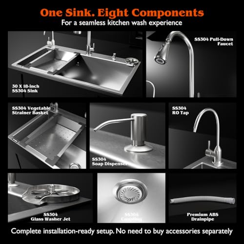 Image of Lorazzo Lustr All-in-One CERTIFIED 304 SS Kitchen Sink with Faucet (30X18 inches) | Sink with Glass Washer, RO Tap, Soap Dispenser, Drainer Basket, Coupling & Pipe | 20-Year Lorazzo Limited Warranty