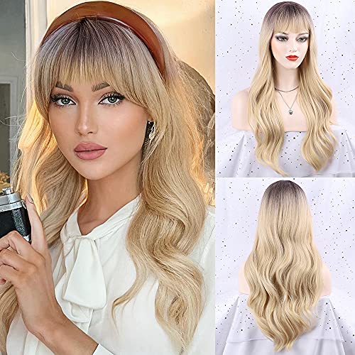 FORCUTEU Blonde Wig with Bangs Long Wavy Blonde Wigs for Women Blonde Synthetic Wigs Long Blonde Wave Heat Resistant Hair Wigs for Daily Party (Blonde 24inch)