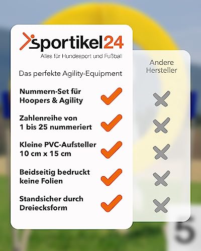 SPORTIKEL24 Nummerntafeln 1–25 – wetterfeste Kunststoff-Dreieckstafeln – 10 x 15 cm – für Agility, Parcours & Turniere