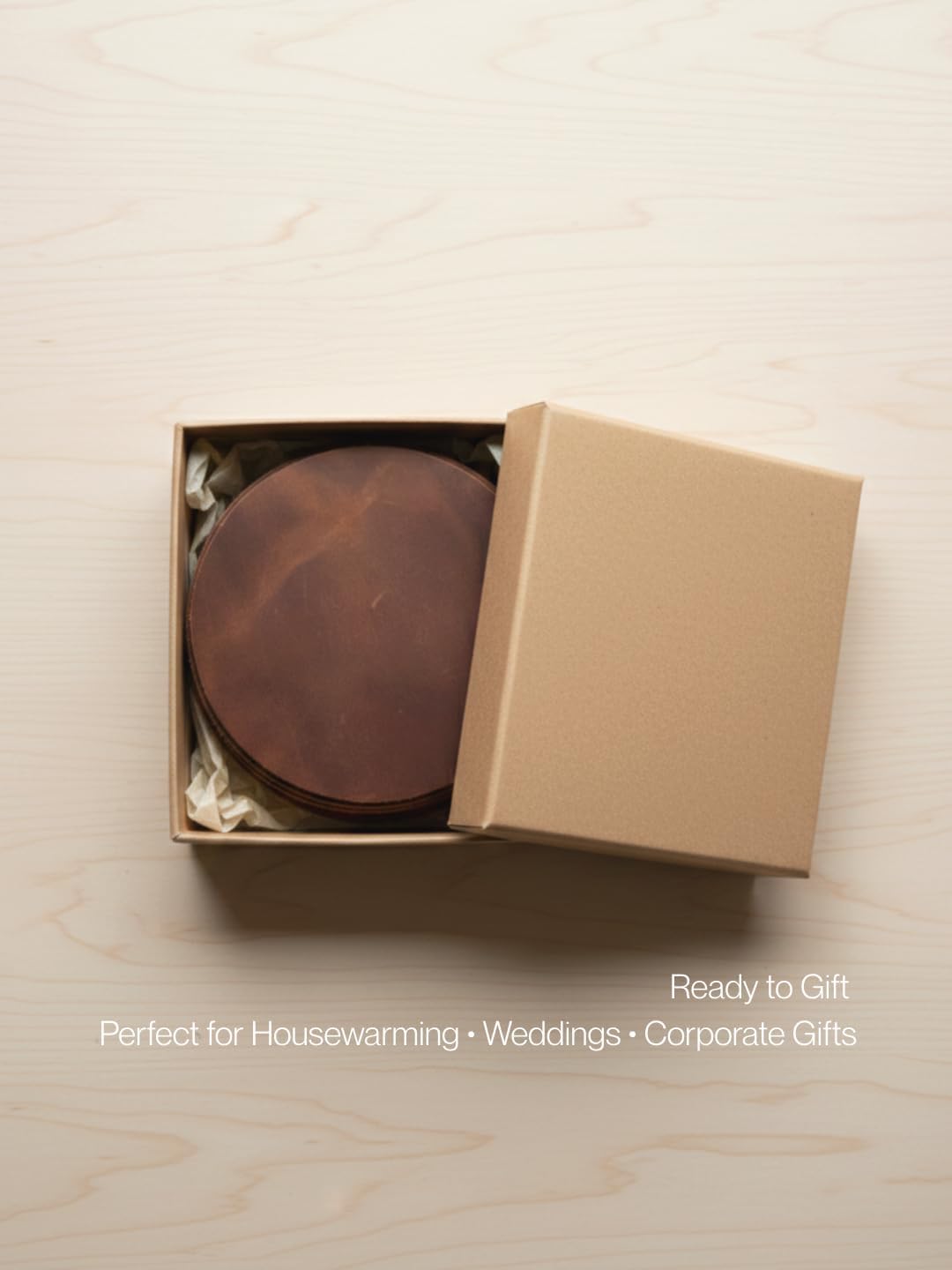 Real Natural Grain Leather Coasters – Durable Non-Slip Distressed Design, Set of 6 for Table Protection in Home, Office, Kitchen, and Bar (Mocha)