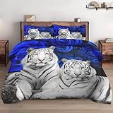 WeCozy Queen Size Comforter Set with 2 Pillowcases, White Tiger Animal Cat 3 Pcs Bedding for Kids and Adults, Blue Rose Flower Background Soft Comforter Set for Bedroom Bed Decor