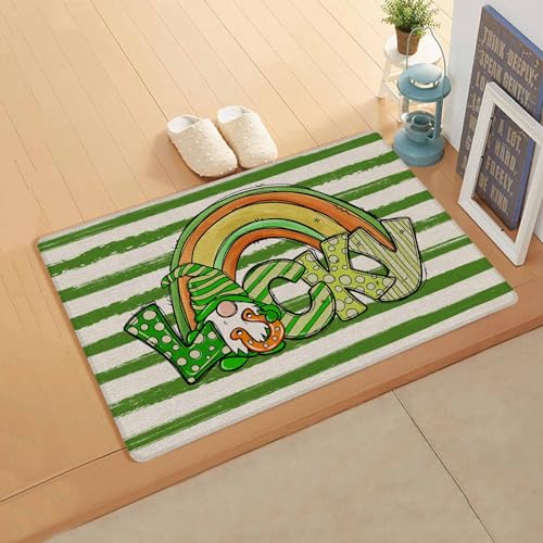 St. Patrick's Day Kitchen Bath Door Mat Cushioned Runner Rug,Washable Welcome Floor Sink Antifatigue Mat,Waterproof & Non-Slip Comfort Standing Doormat,Lucky Rainbow Gnomes Green Stripes 18