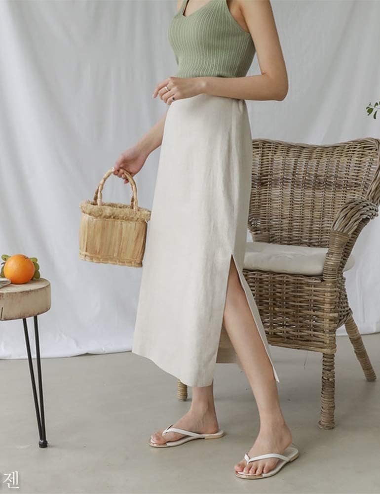 Ylingjun Womens High Waisted Straight Cotton Linen Long Skirt with Slit - Image 5