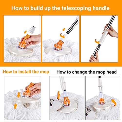 Znm Spin Mop And Bucket With Wringer Set On Wheels, Floor Mops With 3 Microfiber Mop Refills 47.24" Telescopic Handle, Mop Buckets Separate Clean And Dirty Water, Easy Cleaning Mop & Bucket System #TOP6