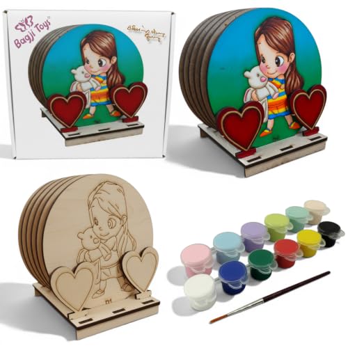 Image of BAGJI TOYS DIY Coaster Painting Kit for Kids & Adults - 6 Pre-Marked Wooden Tea Coasters with Stand, 12 Non-Toxic Water Base Colours & 1 Brush - Mandala Art & Craft DIY Set - Beginner Friendly Painting Craft Kit, Birthday & Gift Activity (MNDD1)