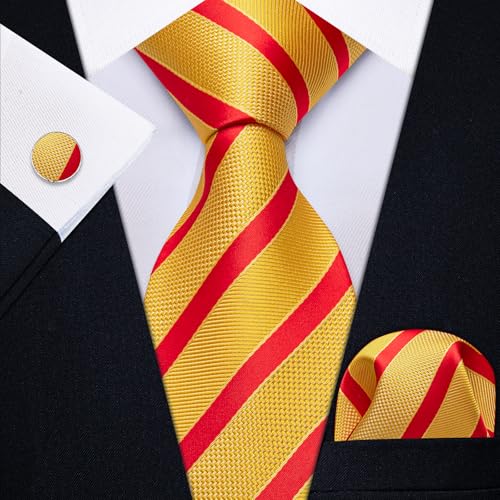 Image of YourTies Striped Ties for Men Classic Woven Silk Necktie with Handkerchief Cufflinks Set Formal Business Party Wedding