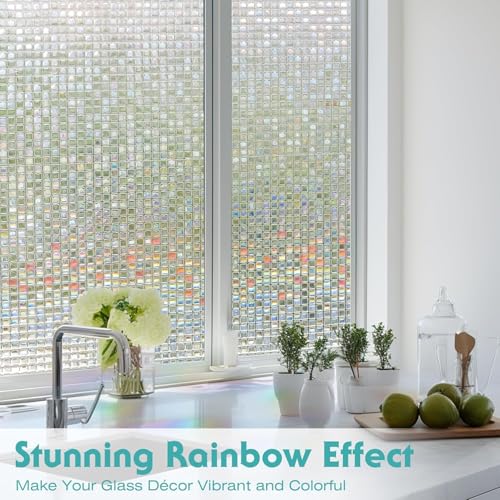 Image of CREON Window Privacy Film Stained Glass (24 X 508 Inch) Rainbow Mosaic Decorative Static Glass, Removable Vinyl UV Blocking Stickers for Home,Office