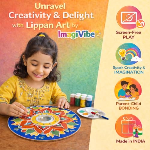 Image of ImagiVibe DIY Lippan Art Kit for Kids and Adults | 2 Pre-Marked 12 Inch MDF Boards with Stand | Indian Folk Art Craft Kit with Clay Mirrors and 6 Non-Toxic Pastel Acrylic Paint Colors | Wall Decor DIY Gift Kit (12inch Pastel Colors)