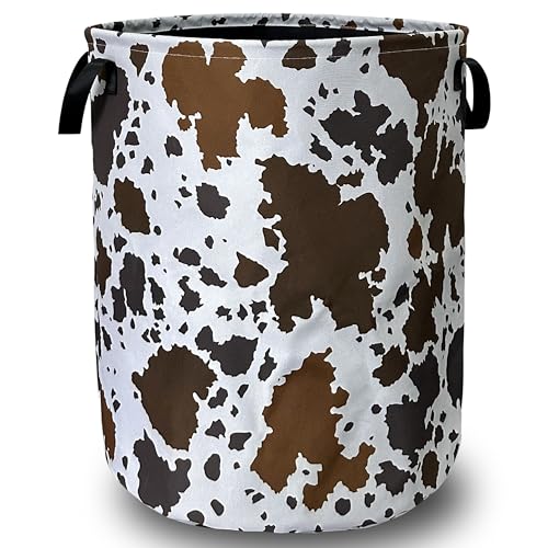 Image of Cows Skin Brown Print Laundry Basket Foldable With Handles Tote Bag Oxford Cloth Animal Funny Laundry Hamper Clothes Storage Bucket Toy Organizer 18.9" x16.5" For Bathroom/Laundry/Bedroom