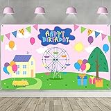 Happy Birthday Party Backdrop Banner Extra Large Fabric Cartoon House Tree Street Sky Flag Photography Background Photo Booth for Baby Shower Birthday Party Decor, 72.8 x 43.3 Inch (Pink Background)