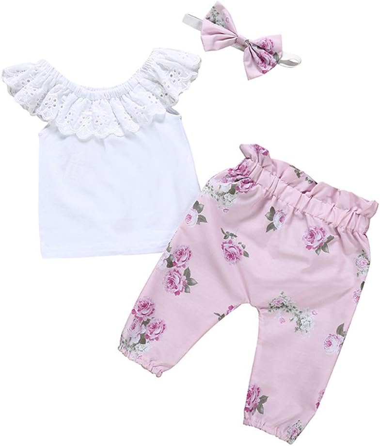 BOBORA Baby Girl Clothes, Infant Girls 3PCs Clothing Set Sleeveless Cotton Shirt + Flowers Pants + Headband