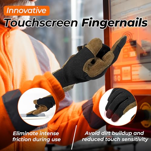 Image of HANDLANDY Leather Work Gloves for Men & Women, Utility Mechanic Touch Screen Working Gloves for Gardening, Driving, Tool Handling, Construction (Brown Black, Small)