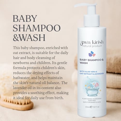 Image of Gew'n Kirish Natural Baby Shampoo & Body Wash - Tear-Free, Hypoallergenic Cleanser with Lavender Oil, Aloe Vera & Oat Extract, Plant-Based, Vegan, Sulfate-Free Formula, 7.5 fl oz