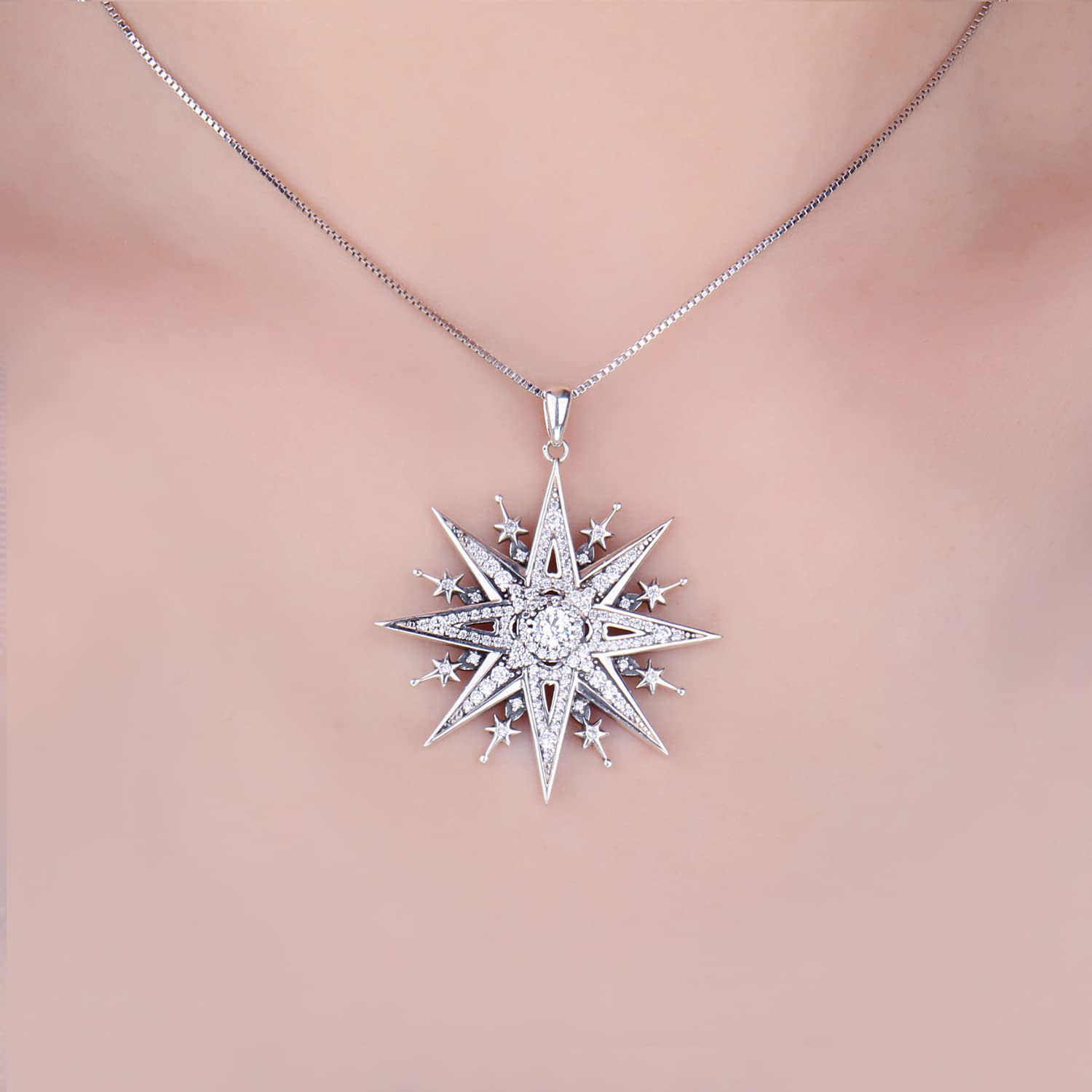 JewelryPalace Vintage Collana Stella del Nord Donna Argento 925 con Cubica Zirconia, Collana Ciondolo Pietra a Taglio Rotondo con Catena 45cm, Collane Pendenti Anniversario Set Gioielli Donna