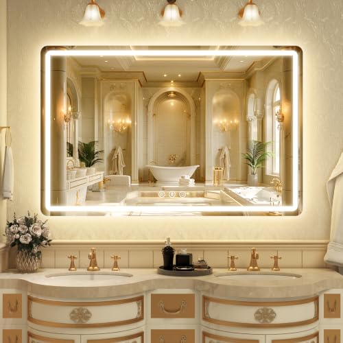 Image of 55 inch x 36 inch Led Bathroom Mirror with Lights, Anti-Fog & Tri-Color Lighting - Wall Mounted Shaving Mirror with Touch Sensor, Waterproof & Smart LED Vanity Mirror,Tempered Glass, Dimmable Smart Mirror
