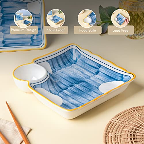 Image of Nestasia Set of 2 Ceramic Chip and Dip Snack Plate with Dip Section | Microwave & Dishwasher Safe Starter Plates | Perfect for Fries, Momos, Sushi, Kebab (White & Blue)