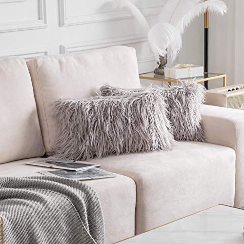 Home Brilliant Lumbar Pillow Cover Decorative Faux Fur Oblong Fuzzy Throw Pillow Covers for Couch Sofa Bed, 12x20inches, 30 x 50cm, Set of 2, Light Grey