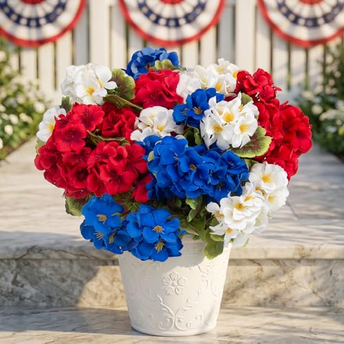 lovemoon 8 Pcs Artificial Geraniums Realistic Silk Patriotic Flowers Red White Blue Faux Geranium Flowers for Outdoor Home 4th of July Office Decoration (8 Red White Blue)