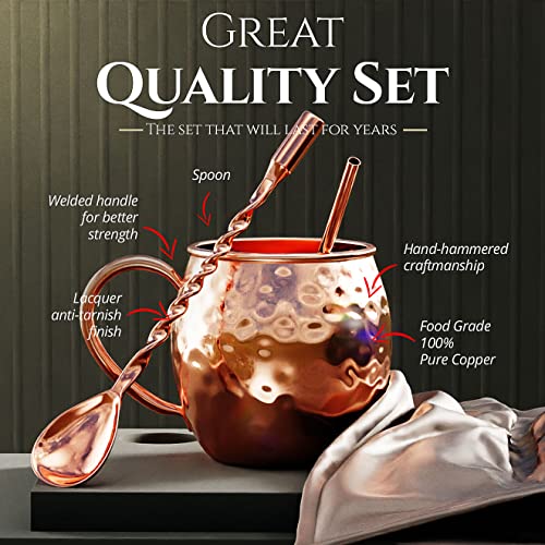 Moscow Mule Copper Mugs - Set Of 4-Handcrafted 100% Real Copper (Not Plated) - 16 Oz Gift Set With Bonus: Premium Quality Cocktail Copper Straws, Shot Glass, Stirring Spoon, And 4 Wooden Coasters. #TOP3