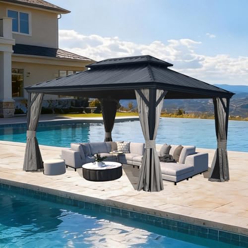 SHPAI 11’ x 13’ Outdoor Hardtop Gazebo with Gutters, Permanent Metal Hard Top Gazebo, Double Roof Galvanized Heavy Duty with Curtains and Netting for Backyard, Patio, Deck, Hot Tub, Grey