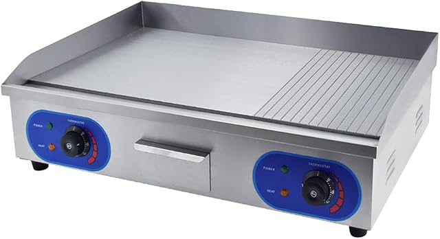 TAIMIKO Commercial Electric Griddle Stainless Steel Grill BBQ 73cm Large Hotplate ,Double UK Plug,4400W Burger Bacon Kitchen Barbeque Countertop (2/3 Flat + 1/3 Groove)