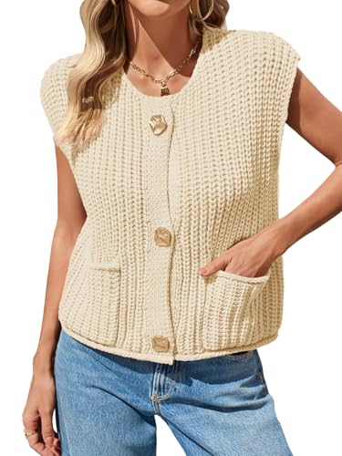 Saodimallsu Womens Sleeveless Cropped Sweater Vest Crochet Chunky Knit Button Down Cardigan Vests Tops with Pockets