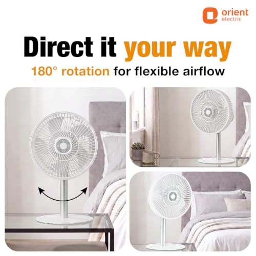 Image of Lumo Rechargeable Table Fan for Home | Portable Battery Fan with 6000 mAh Battery | 4 Speed Modes, 180 Rotation, Adjustable Height | Magnetic Remote & LED Light, Type-C Charging | White