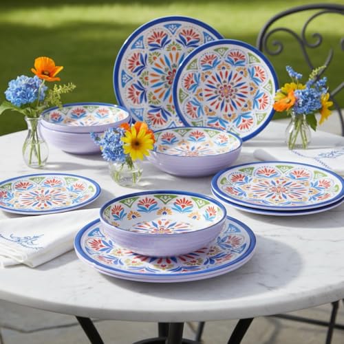Image of Dinnerware Set 12Pcs Melamine Plates and Bowls (Blue Flower) | Wedding Gift,Parties,Home,Service,Durable,Floral Pattern,Tableware Dinner, Salad Dessert Plates,Housewarming