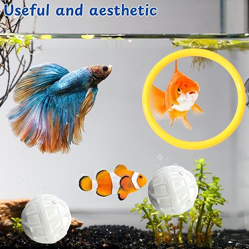 Image of Betta Fish Enrichment Toys Ring and Filter Balls set, Fishes Ring Enrichment Toy and Tank Cleaner Ball, Aquarium Feeding Rings with Nitrifying Balls, Betta Fish Tank Accessories (Yellow, 6.4cm)