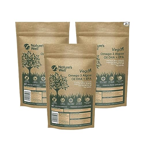 Vegan Omega 3 Algae Oil DHA + EPA, Significant Concentrate - 60 Vegetarian Capsules, Alternative to Fish Oils - Halal & Kosher - Made in The UK by Nature’s Well (Pack of 3 Pouch)